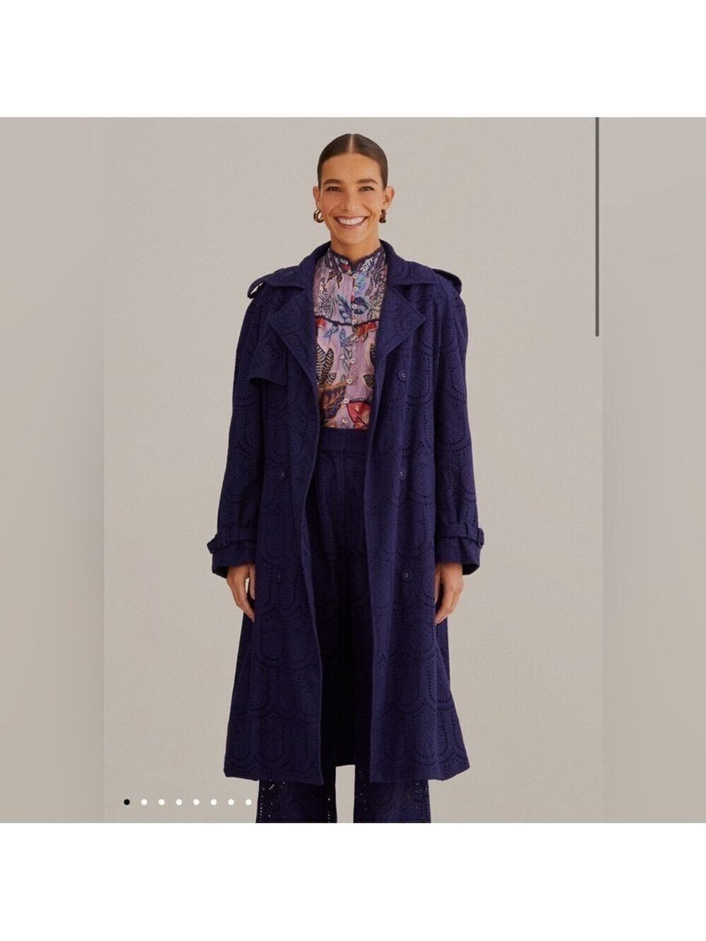 Farm Rio Navy Blue Pineapple Cotton Eyelet Trench Coat